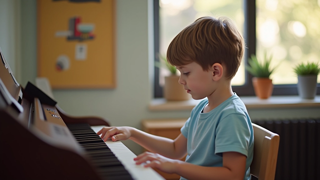 Child's hands on a keyboard piano, focused on pressing keys with proper finger positioning
