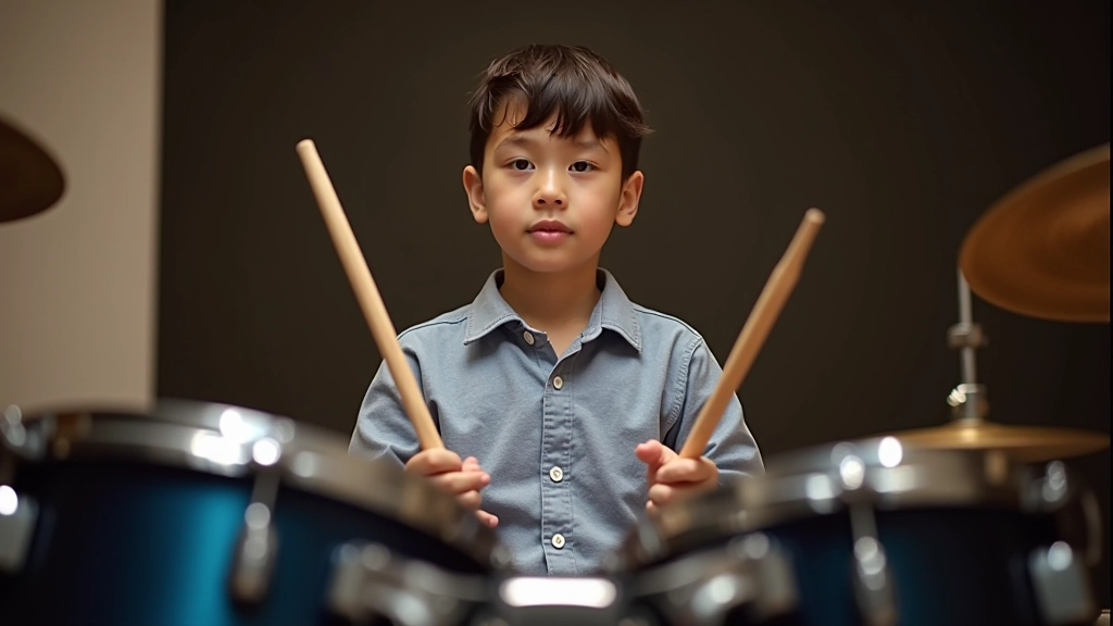 Young drummer sitting at a drum kit with drumsticks, showing proper seated position and form