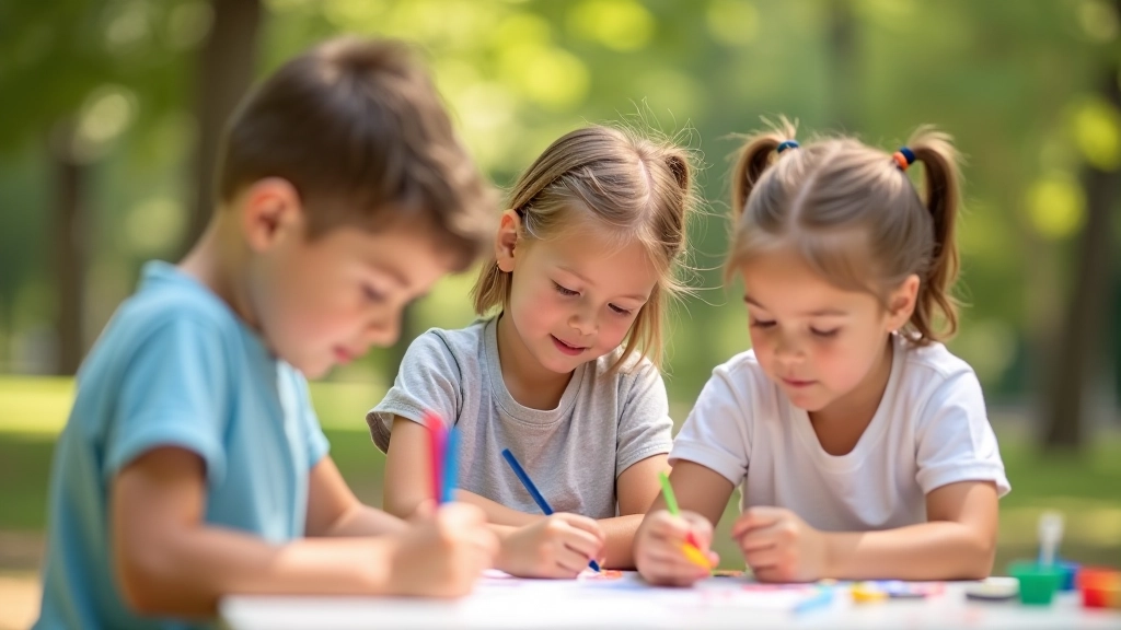 Children participating in creative arts and crafts activity at summer camp, focused on making colorful projects together