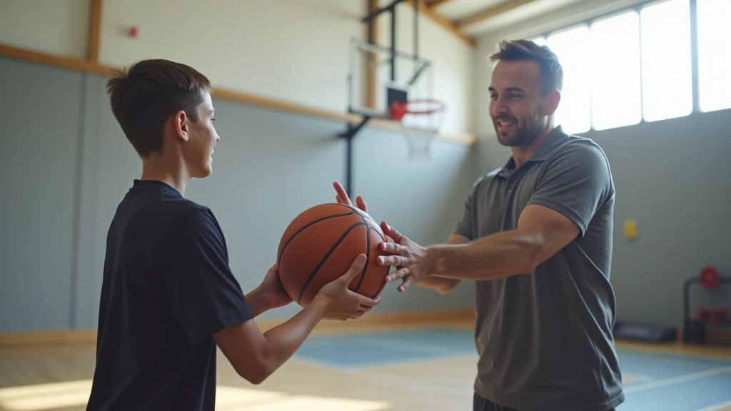 Coach demonstrating proper basketball shooting technique to young player, showing hand positioning and follow-through