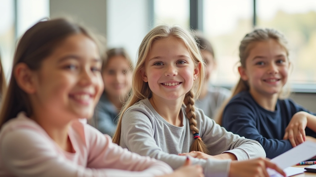 Group of diverse young students in a bright classroom setting, smiling and engaged during an after-school activity
