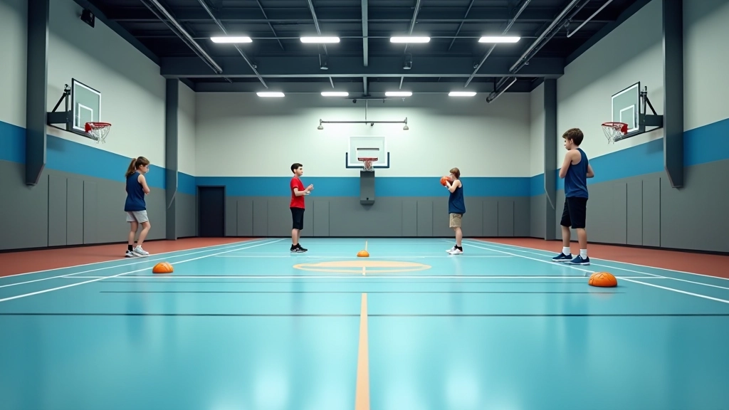 Indoor sports facility with multiple basketball courts, training equipment, and young athletes warming up in organized rows