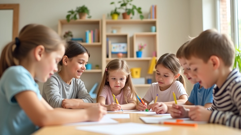Diverse children engaged in enrichment activities in a bright, welcoming learning environment