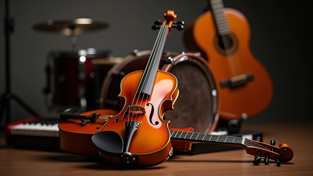 Group of musical instruments including violin, guitar, keyboard, and drums arranged together in a studio setting