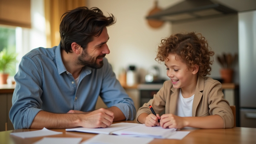 Parent and child sitting together at kitchen table, discussing education plans and looking at school materials with open communication