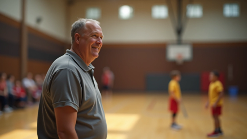 Parent watching child's basketball practice from sidelines with supportive smile, showing positive parent engagement during academy session