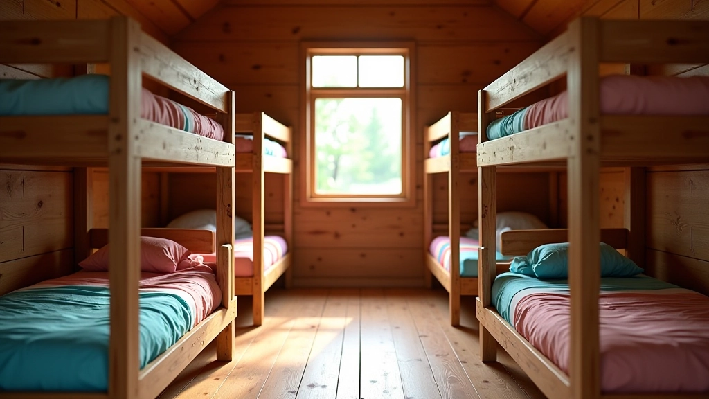 Overnight camp cabin area showing bunkbeds and sleeping quarters where children stay during multi-week summer camp sessions