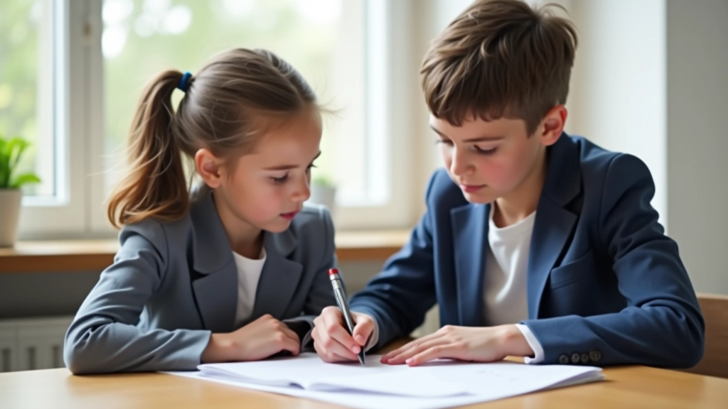 Professional tutor working with student at wooden desk, reviewing worksheet with focused attention and supportive guidance