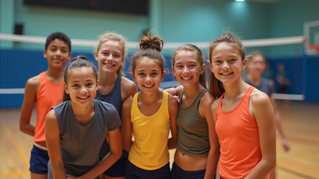 Team of young volleyball players celebrating together after successful practice drill, showing positive team dynamics and coach support