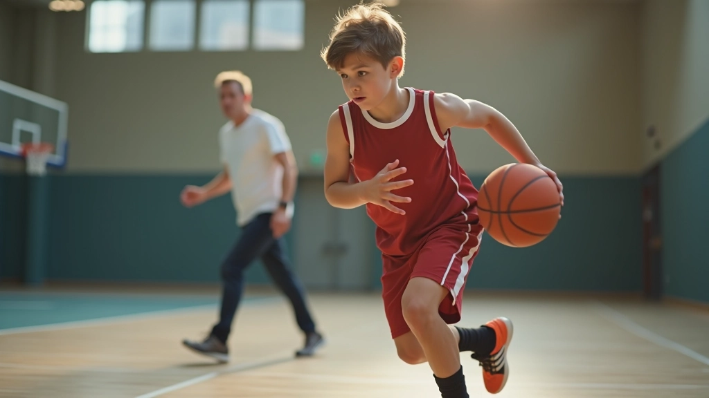 Young basketball player practicing shooting drills at sports academy facility with coach supervision