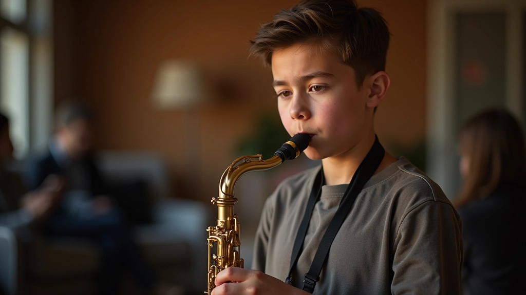 Young student smiling while playing saxophone, showing joy and confidence during a music lesson