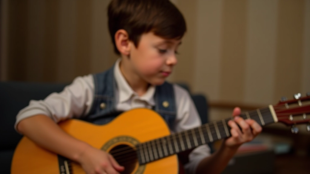 Young student holding an acoustic guitar, proper posture demonstrated during a lesson with teacher nearby