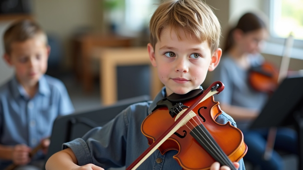 Young student playing musical instrument during first music lesson with instructor guidance
