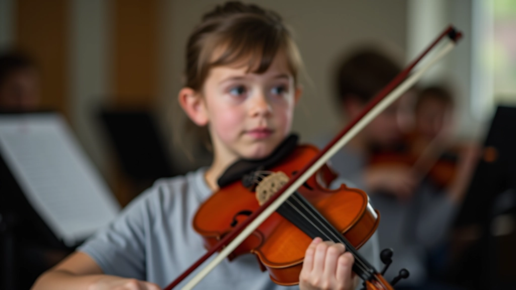 Young violinist demonstrating proper bow hold and posture during practice, face showing concentration